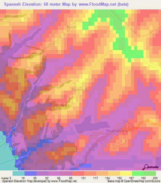 Spanesh,Albania Elevation Map