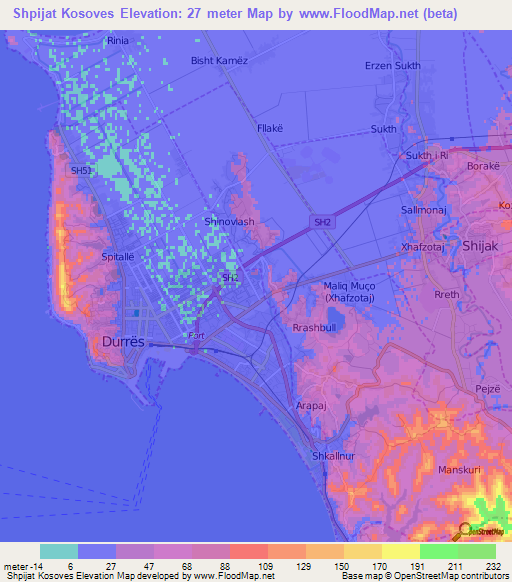Shpijat Kosoves,Albania Elevation Map