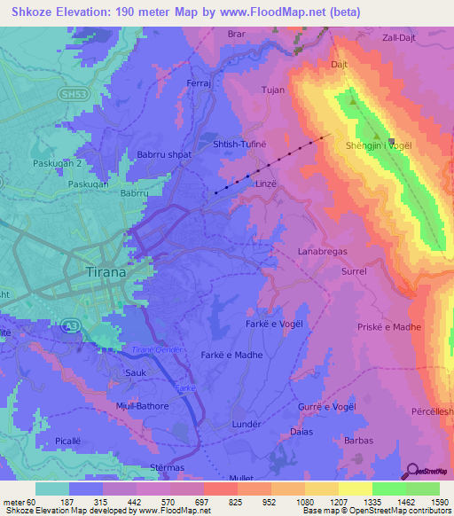 Shkoze,Albania Elevation Map