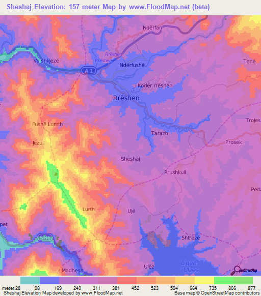 Sheshaj,Albania Elevation Map