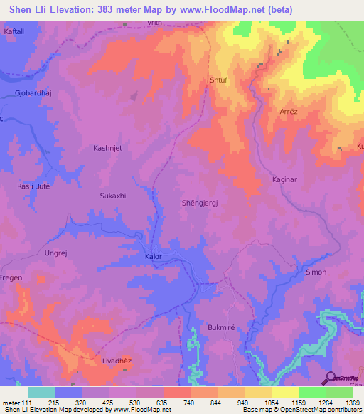 Shen Lli,Albania Elevation Map