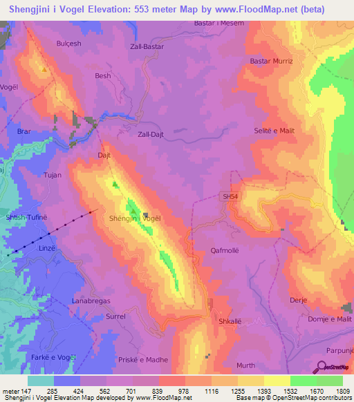 Shengjini i Vogel,Albania Elevation Map