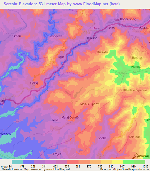 Seresht,Albania Elevation Map