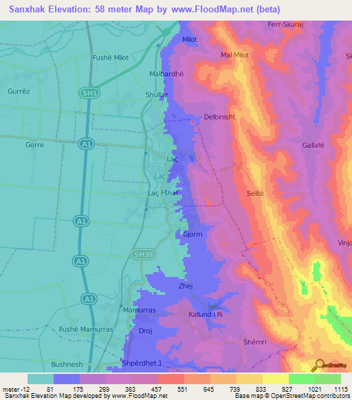 Sanxhak,Albania Elevation Map