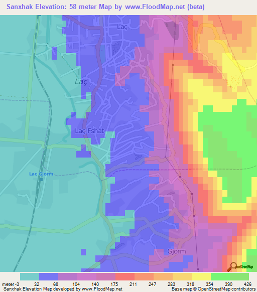 Sanxhak,Albania Elevation Map