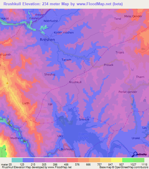 Rrushkull,Albania Elevation Map