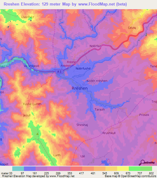 Rreshen,Albania Elevation Map