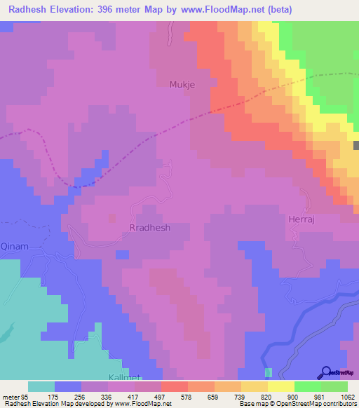 Radhesh,Albania Elevation Map