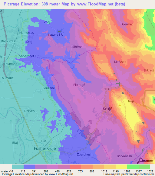 Picrrage,Albania Elevation Map