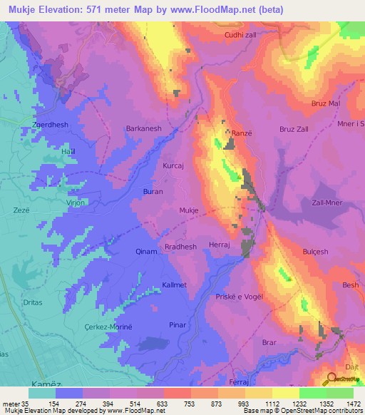 Mukje,Albania Elevation Map