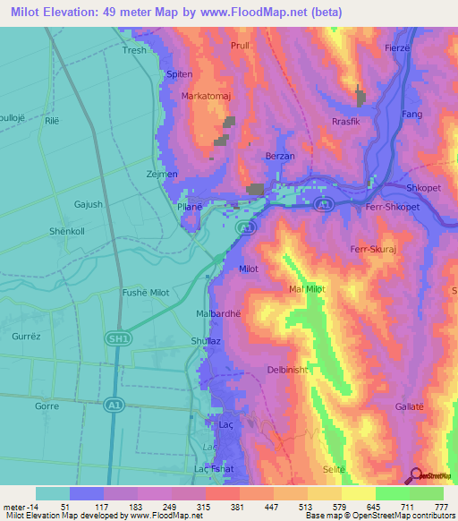 Milot,Albania Elevation Map