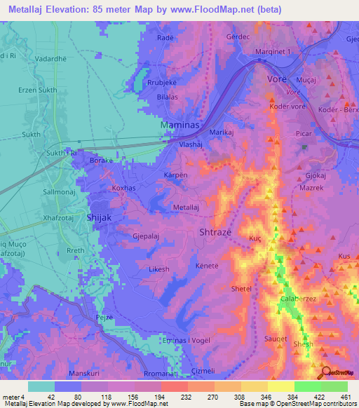 Metallaj,Albania Elevation Map