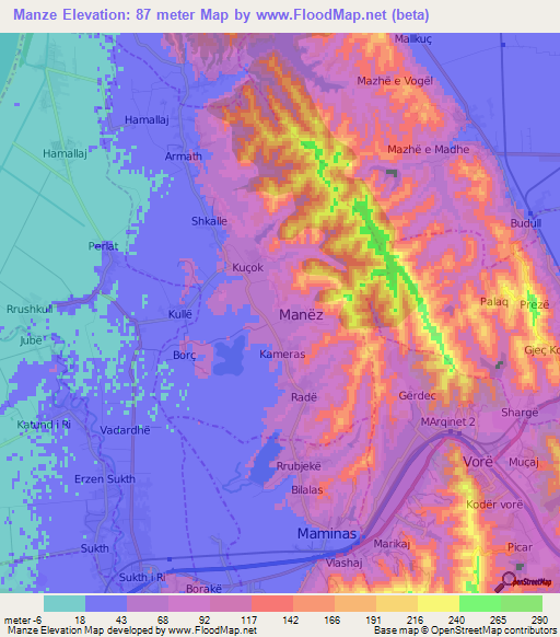 Manze,Albania Elevation Map