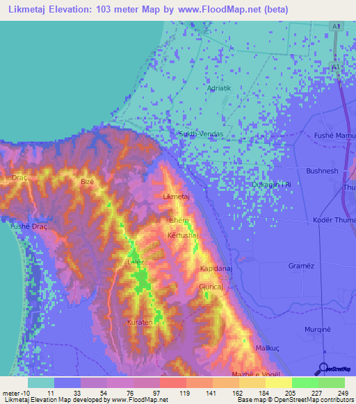 Likmetaj,Albania Elevation Map