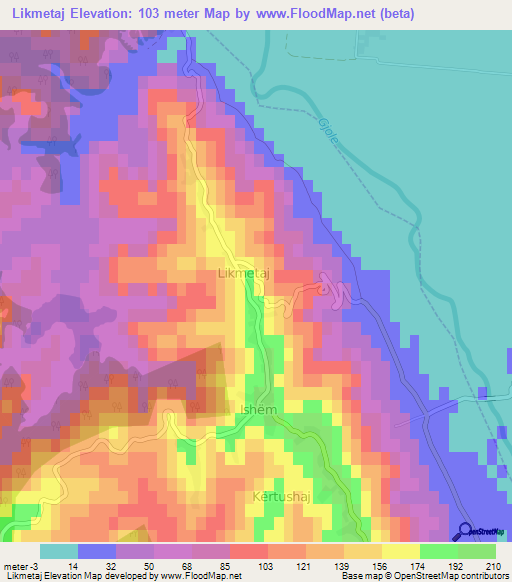 Likmetaj,Albania Elevation Map