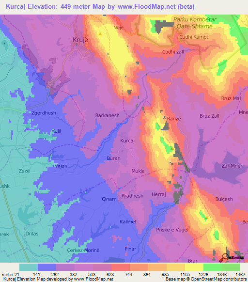 Kurcaj,Albania Elevation Map