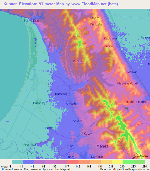 Kuraten,Albania Elevation Map