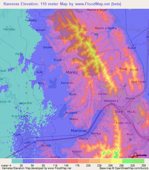 Kameras,Albania Elevation Map