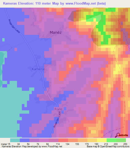 Kameras,Albania Elevation Map