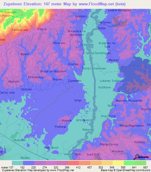 Zupelevec,Slovenia Elevation Map