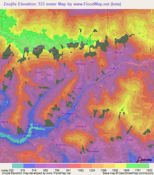 Znojile,Slovenia Elevation Map