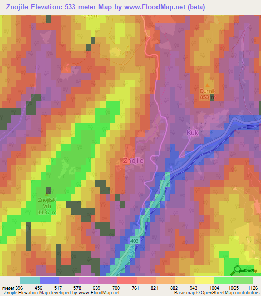 Znojile,Slovenia Elevation Map