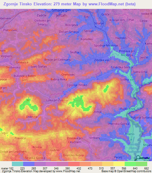 Zgornje Tinsko,Slovenia Elevation Map