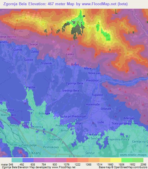 Zgornja Bela,Slovenia Elevation Map