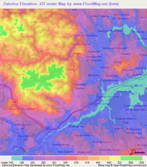 Zalovice,Slovenia Elevation Map