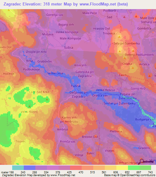 Zagradec,Slovenia Elevation Map