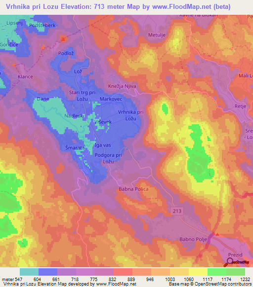 Vrhnika pri Lozu,Slovenia Elevation Map