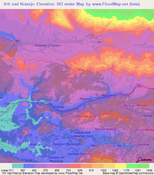 Vrh nad Krasnjo,Slovenia Elevation Map