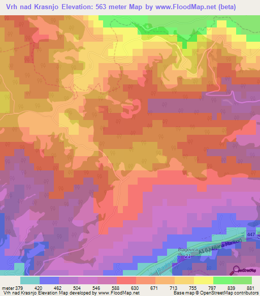 Vrh nad Krasnjo,Slovenia Elevation Map