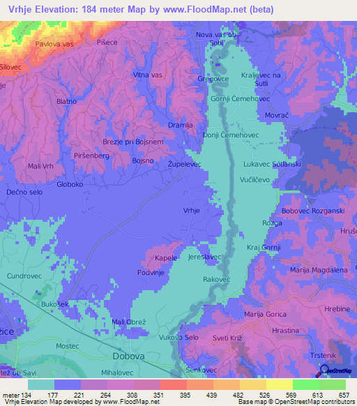 Vrhje,Slovenia Elevation Map