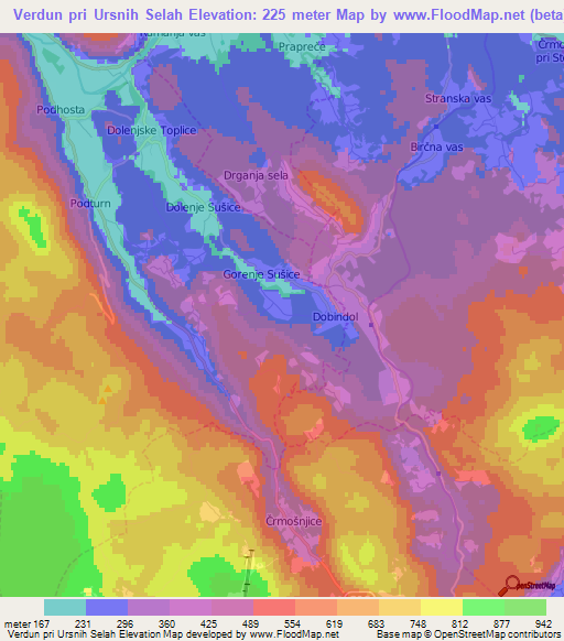 Verdun pri Ursnih Selah,Slovenia Elevation Map