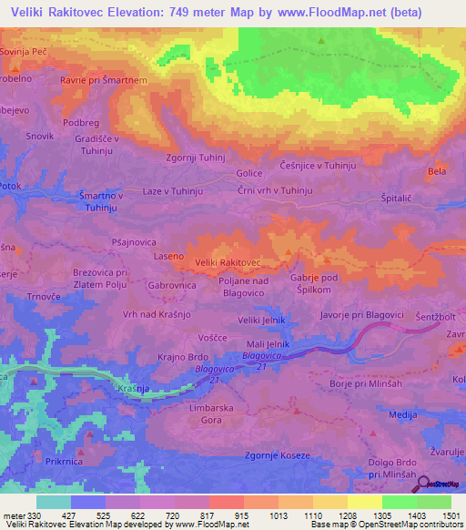 Veliki Rakitovec,Slovenia Elevation Map