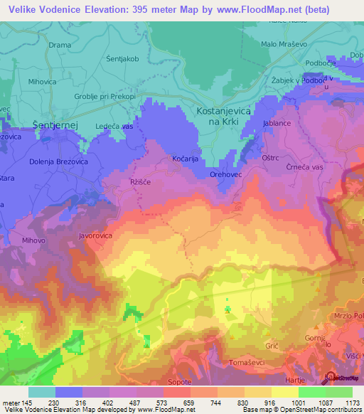 Velike Vodenice,Slovenia Elevation Map