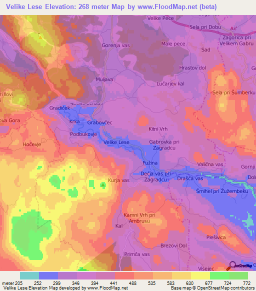 Velike Lese,Slovenia Elevation Map