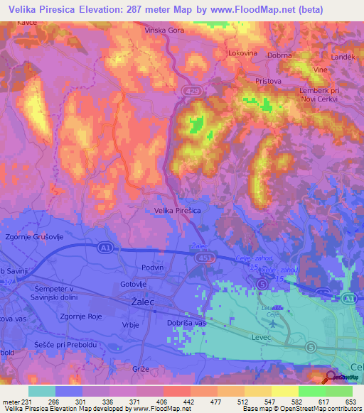 Velika Piresica,Slovenia Elevation Map