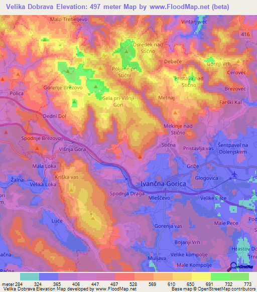 Velika Dobrava,Slovenia Elevation Map