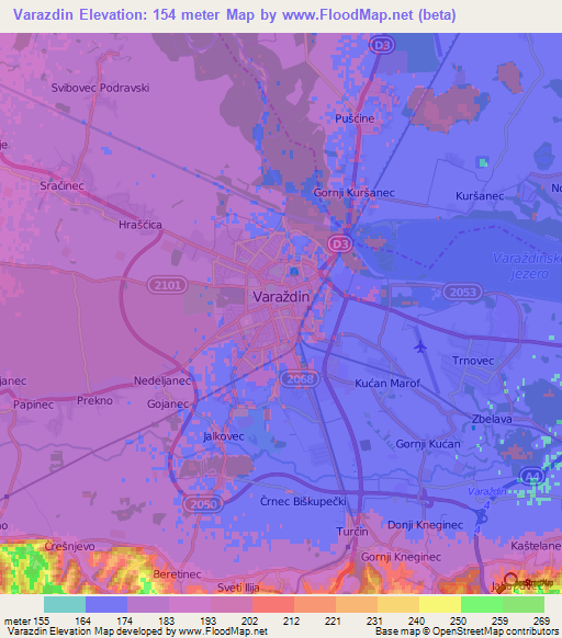 Varazdin,Croatia Elevation Map