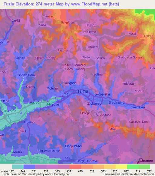 Tuzla,Bosnia and Herzegovina Elevation Map