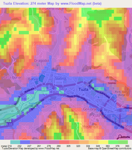 Tuzla,Bosnia and Herzegovina Elevation Map