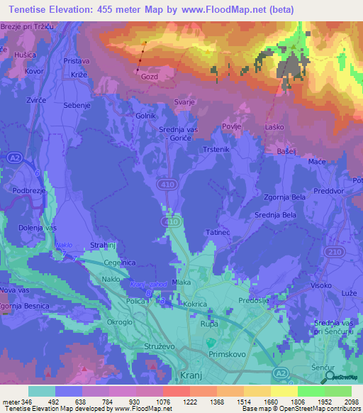 Tenetise,Slovenia Elevation Map