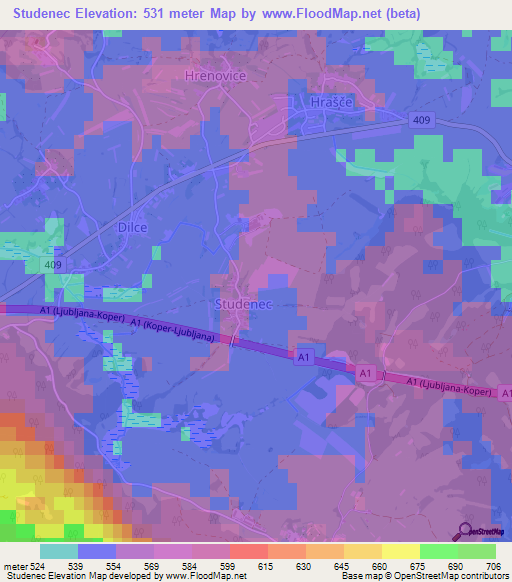 Studenec,Slovenia Elevation Map