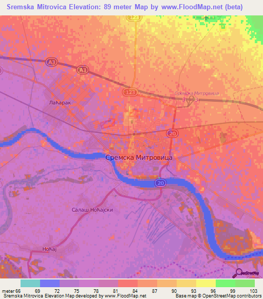 Sremska Mitrovica,Serbia Elevation Map