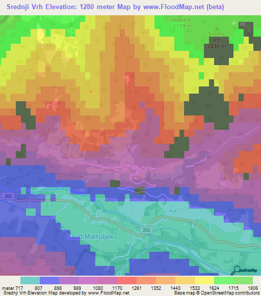 Srednji Vrh,Slovenia Elevation Map