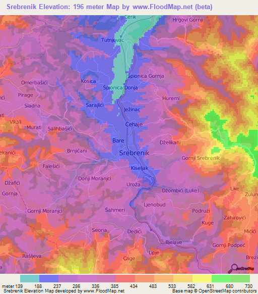 Srebrenik,Bosnia and Herzegovina Elevation Map