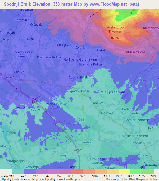 Spodnji Brnik,Slovenia Elevation Map