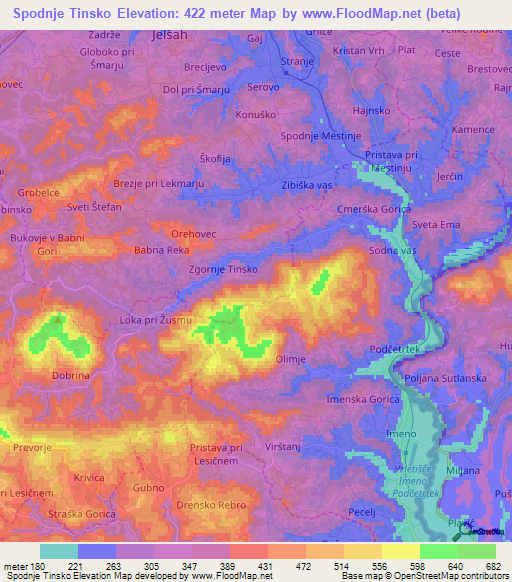 Spodnje Tinsko,Slovenia Elevation Map